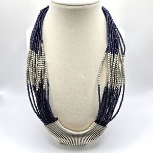 VINTAGE Silver and Navy Blue Seed Bead Statement Necklace Boho